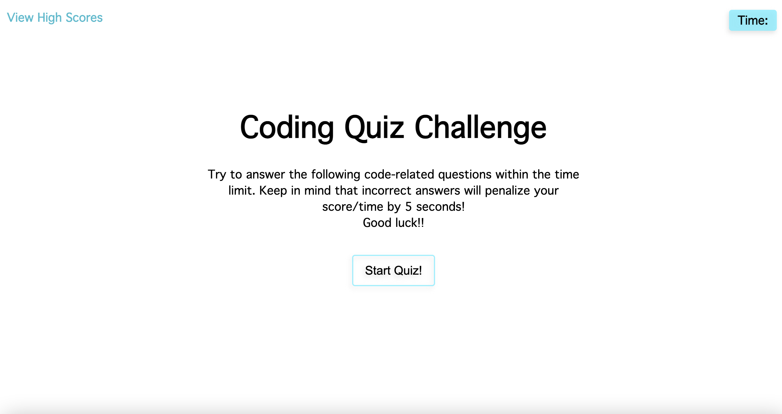 Coding Quiz start page.